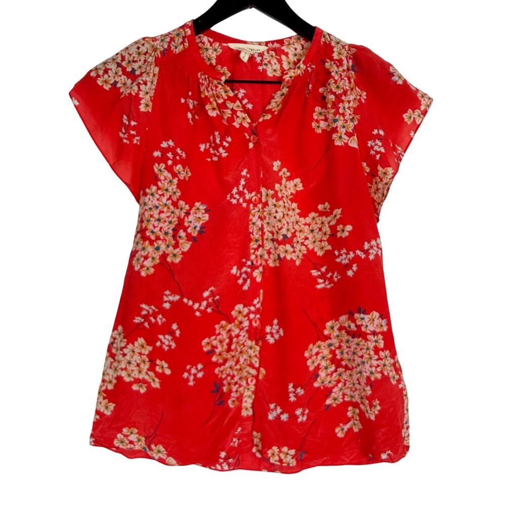 Rebecca Taylor 100% Silk Red Floral Blouse Top Flutter Sleeve - 00